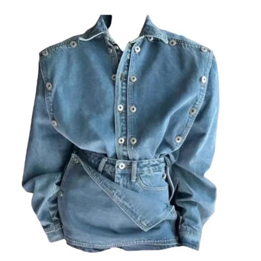 Chic Blue Button-Up Denim Jacket with Belt